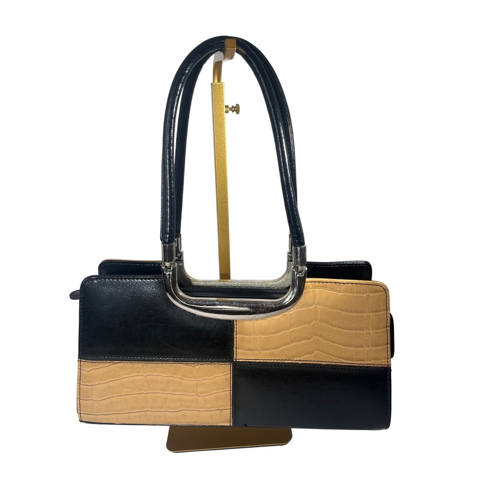 Vintage Style Colorblock Handbag Small Black Tan Faux Croc Satchel Purse